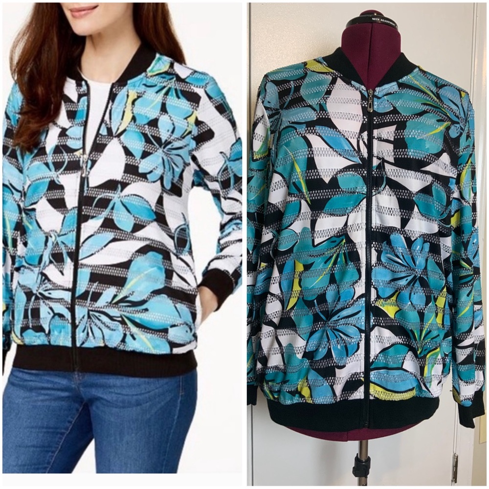 NWOT Alfred Dunner Zip-Up BlueWhite Tropical print Casual bomber Jacket …